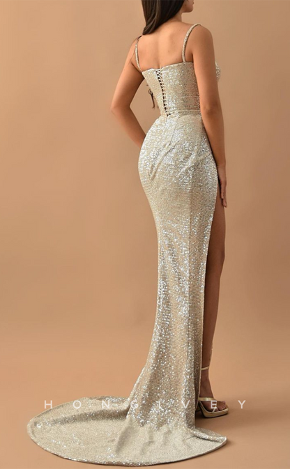 L1491 - Chic Fitted Glitter Sweetheart Spaghetti Straps Empire With Side Slit Train Party Prom Evening Dress