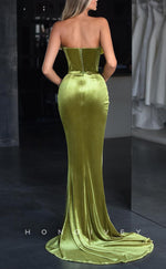 L1494 - Elegant Fitted Satin Strapless Floral Empire Belt With Side Slit Train Party Prom Evening Dress