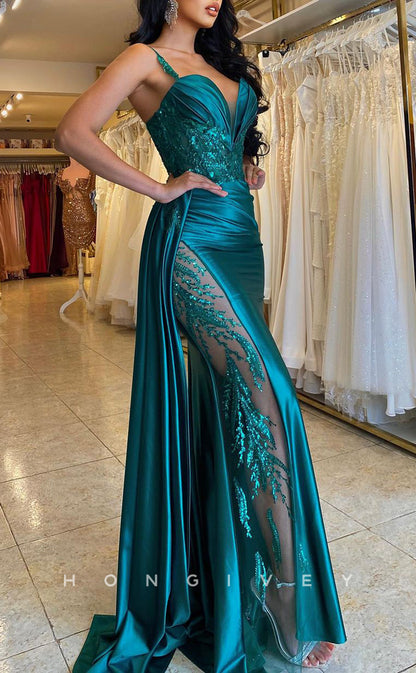 L1495 - Sexy Illusion Satin Fitted Sweetheart Spaghetti Straps Empire Ruched With Train Party Prom Evening Dress