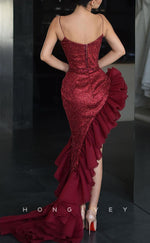 L1497 - Chic Fitted Satin Red Sweetheart Spaghetti Straps Empire Ruffled Party Prom Evening Dress