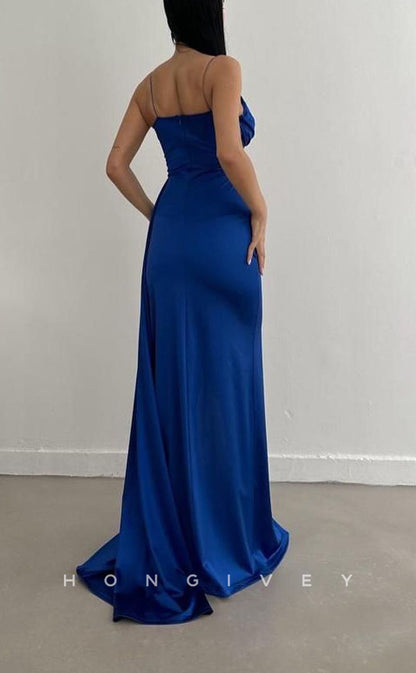 L1498 - Sexy Fitted Satin V-Neck Spaghetti Straps Pleats With Side Slit Train Party Prom Evening Dress