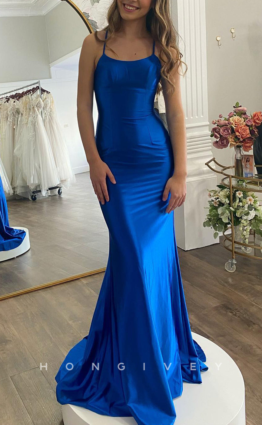 L1499 - Sexy Satin Trumpt Bateau Spaghetti Straps With Train Party Prom Evening Dress