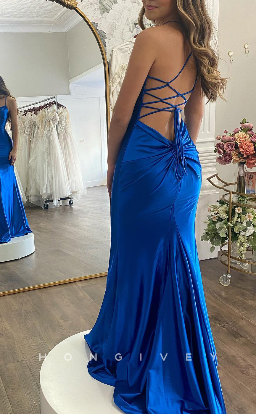 L1499 - Sexy Satin Trumpt Bateau Spaghetti Straps With Train Party Prom Evening Dress