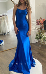 L1499 - Sexy Satin Trumpt Bateau Spaghetti Straps With Train Party Prom Evening Dress