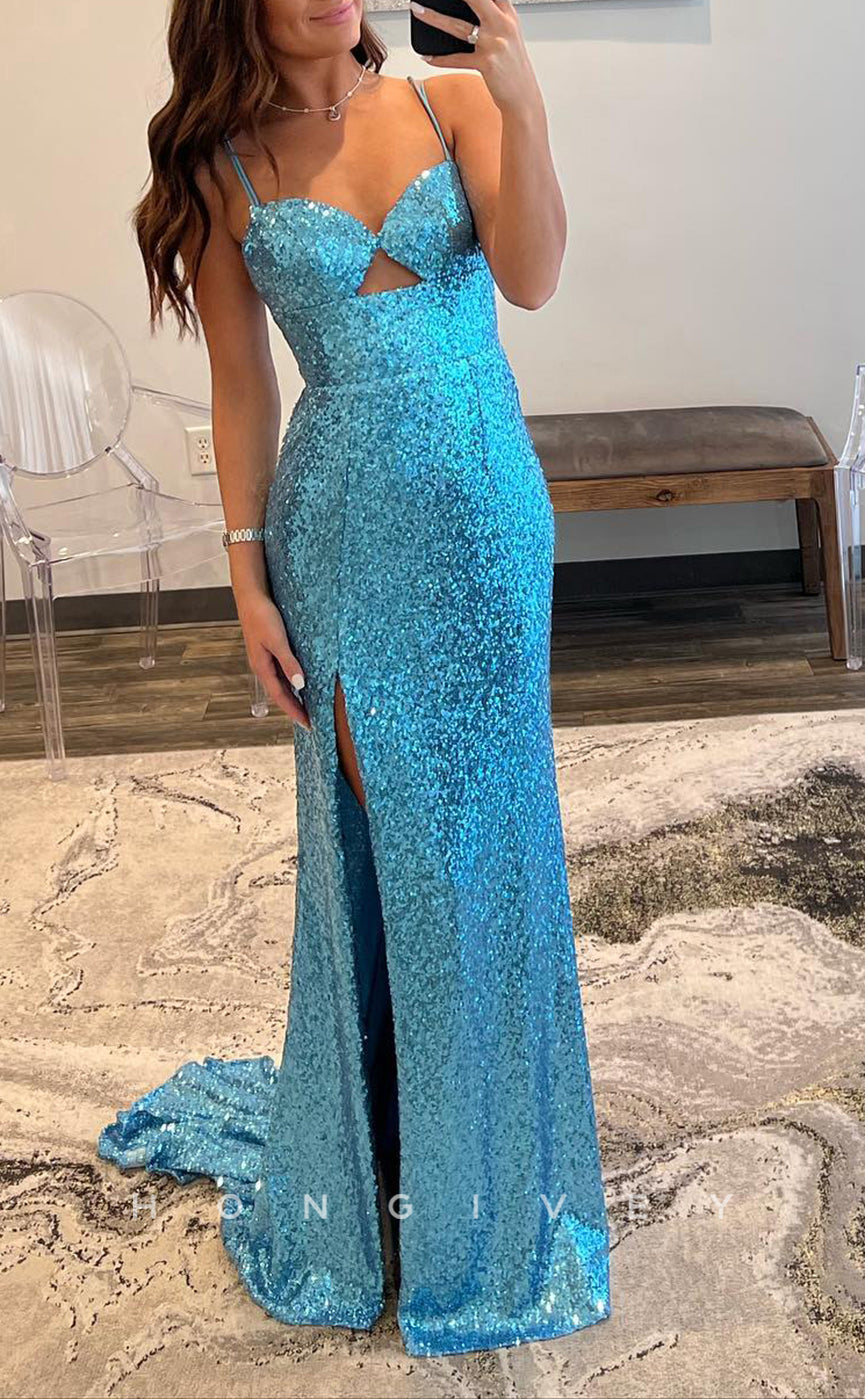 L1500 - Sexy Glitter Sweetheart Spaghetti Straps Sequined With Side Slit Party Prom Evening Dress