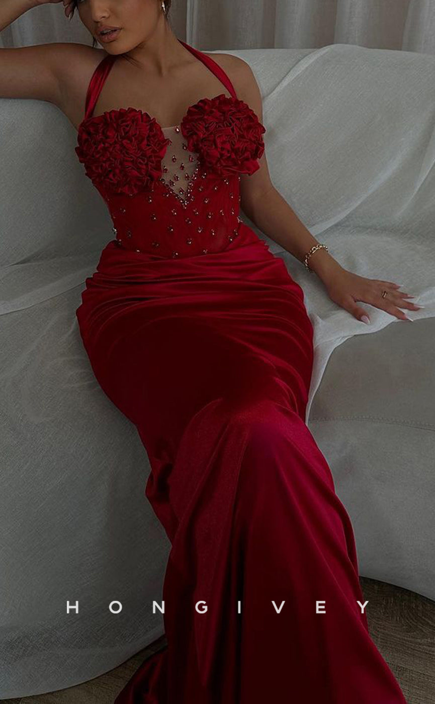 L1502 - Sexy Fitted Red Satin Sweetheart Halter Beaded With Train  Party Prom Evening Dress