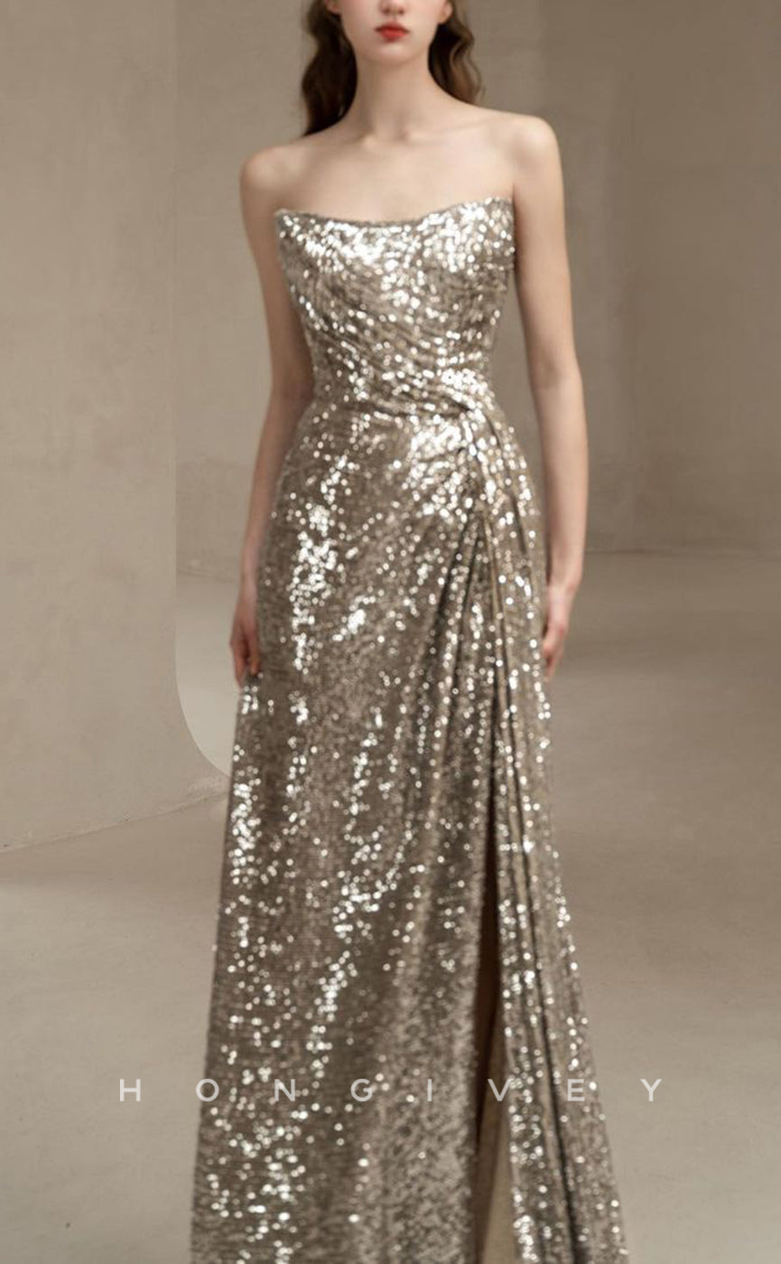 L1512 - Sexy Glitter Bateau Strapless Sleeveless Empire Ruched With Side Slit  Party Prom Evening Dress