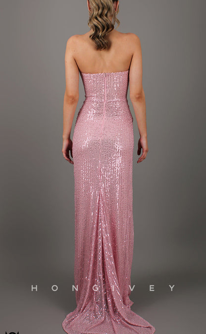 L1513 - Sexy Fitted Glitter Bateau Sleeveless With Side Slit Pleats Train  Party Prom Evening Dress