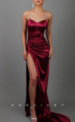 L1517 - Sexy Fitted Satin Sweetheart Spaghetti Straps Pleats With Side Slit  Party Prom Evening Dress