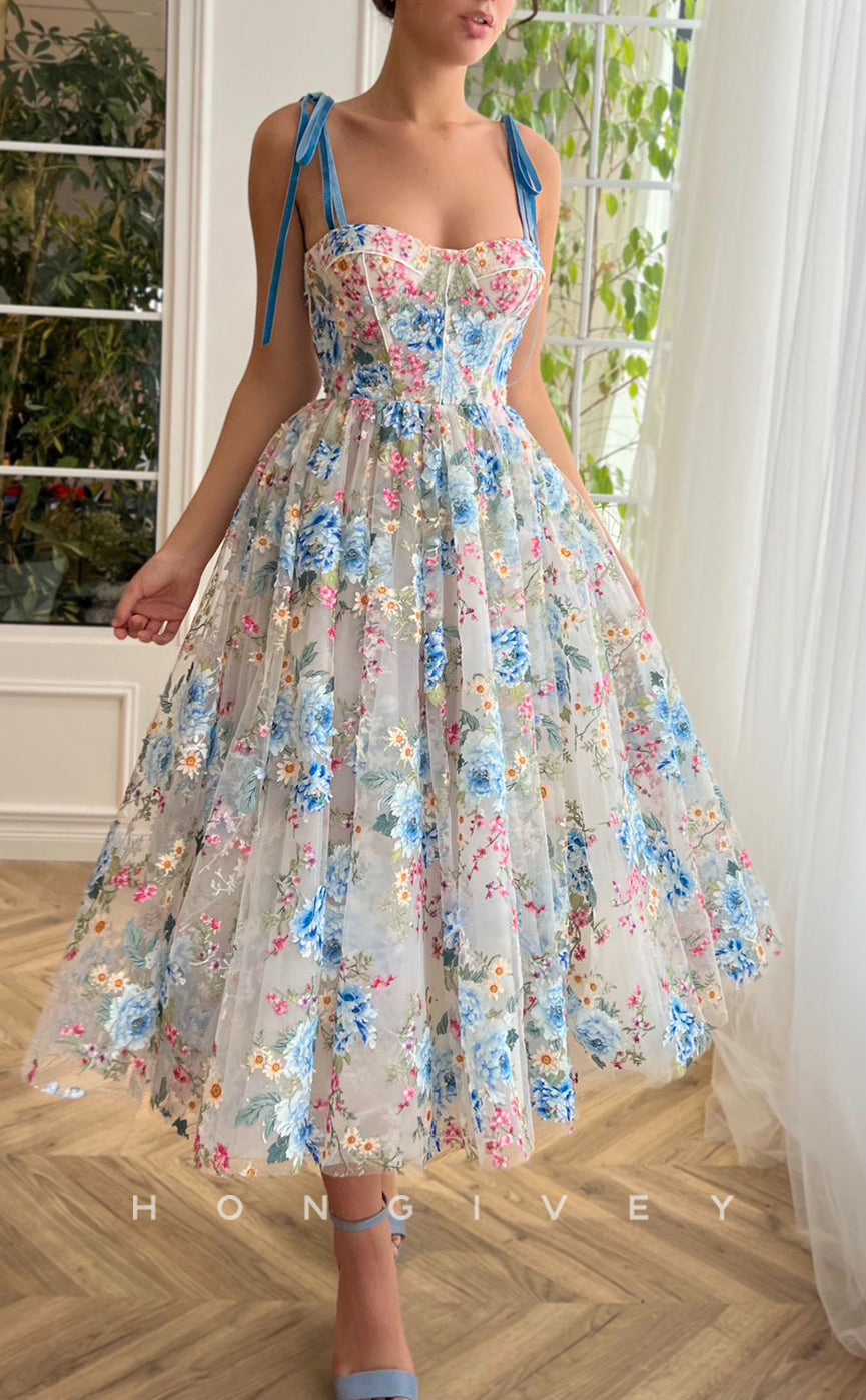 L1522 - Sexy Tulle A-Line Sweetheart Strappy Floral Empire Party Prom Evening Dress