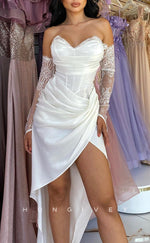 L1526 - Sexy Satin Sweetheart Strapless Long Sleeve Pleats Party Prom Evening Dress