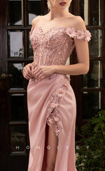 L1530 - Sexy Satin Off-Shoulder Empire Ruched Appliques With Side Slit Party Prom Evening Dress