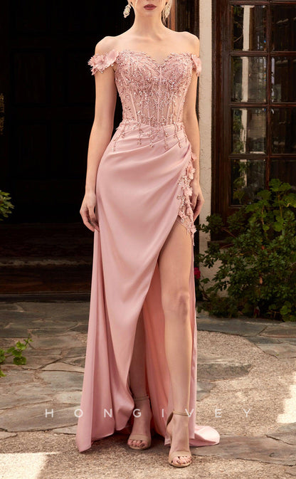 L1530 - Sexy Satin Off-Shoulder Empire Ruched Appliques With Side Slit Party Prom Evening Dress