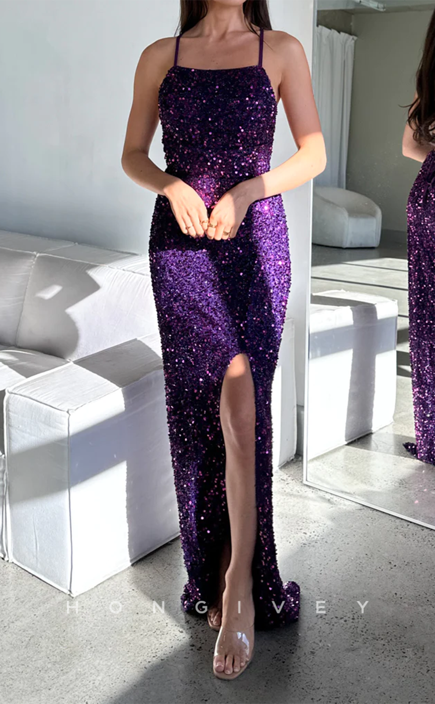L1536 - Sexy Fitted Glitter Square Spaghetti Straps With Side Slit Party Prom Evening Dress