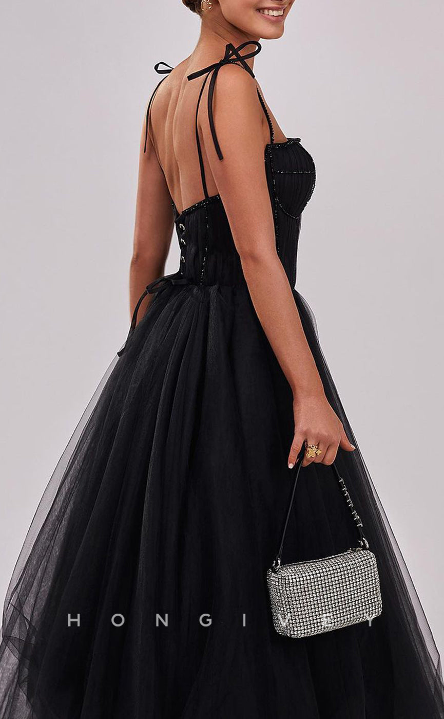 L1542 - Sexy Tulle A-Line Square Spaghetti Straps Bowknot Empire Party Prom Evening Dress