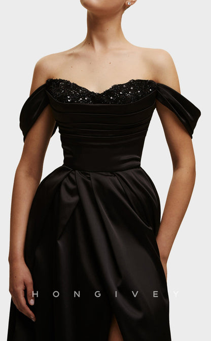 L1546 - Sexy Satin A-Line Off-Shoulder Empire Ruched With Side Slit Train Party Prom Evening Dress