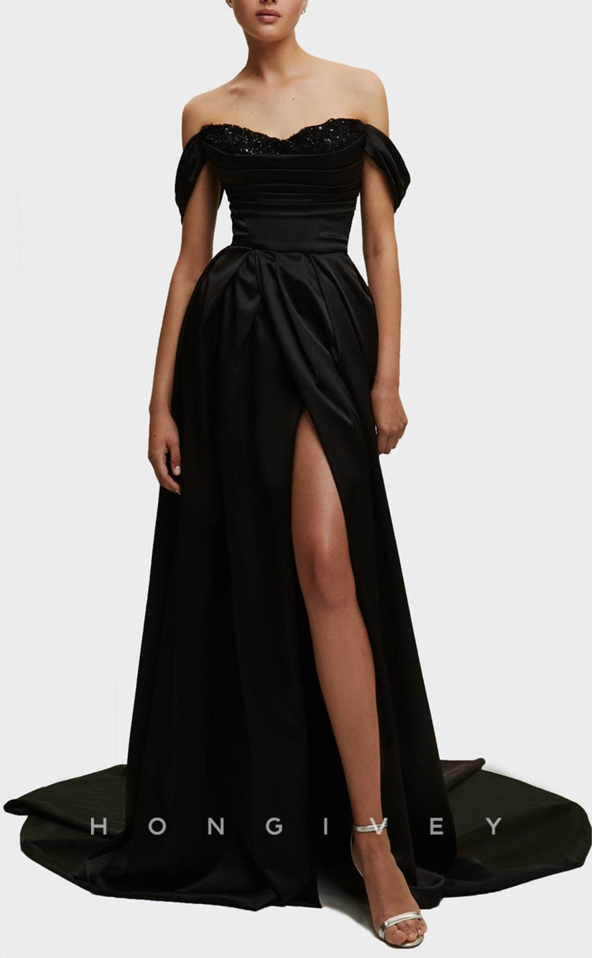 L1546 - Sexy Satin A-Line Off-Shoulder Empire Ruched With Side Slit Train Party Prom Evening Dress