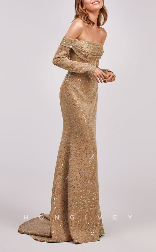 L1547 - Sexy Satin Glitter Fitted Off-Shoulder Long Sleeve With Train Party Prom Evening Dress