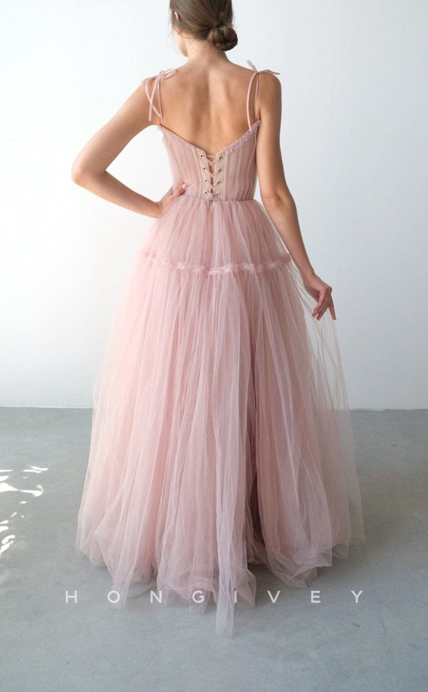 L1548 - Sexy A-Line Tulle Illusion Bowknot Square Spaghetti Straps Empire Party Prom Evening Dress