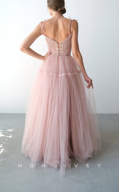 L1548 - Sexy A-Line Tulle Illusion Bowknot Square Spaghetti Straps Empire Party Prom Evening Dress