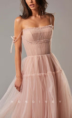 L1548 - Sexy A-Line Tulle Illusion Bowknot Square Spaghetti Straps Empire Party Prom Evening Dress