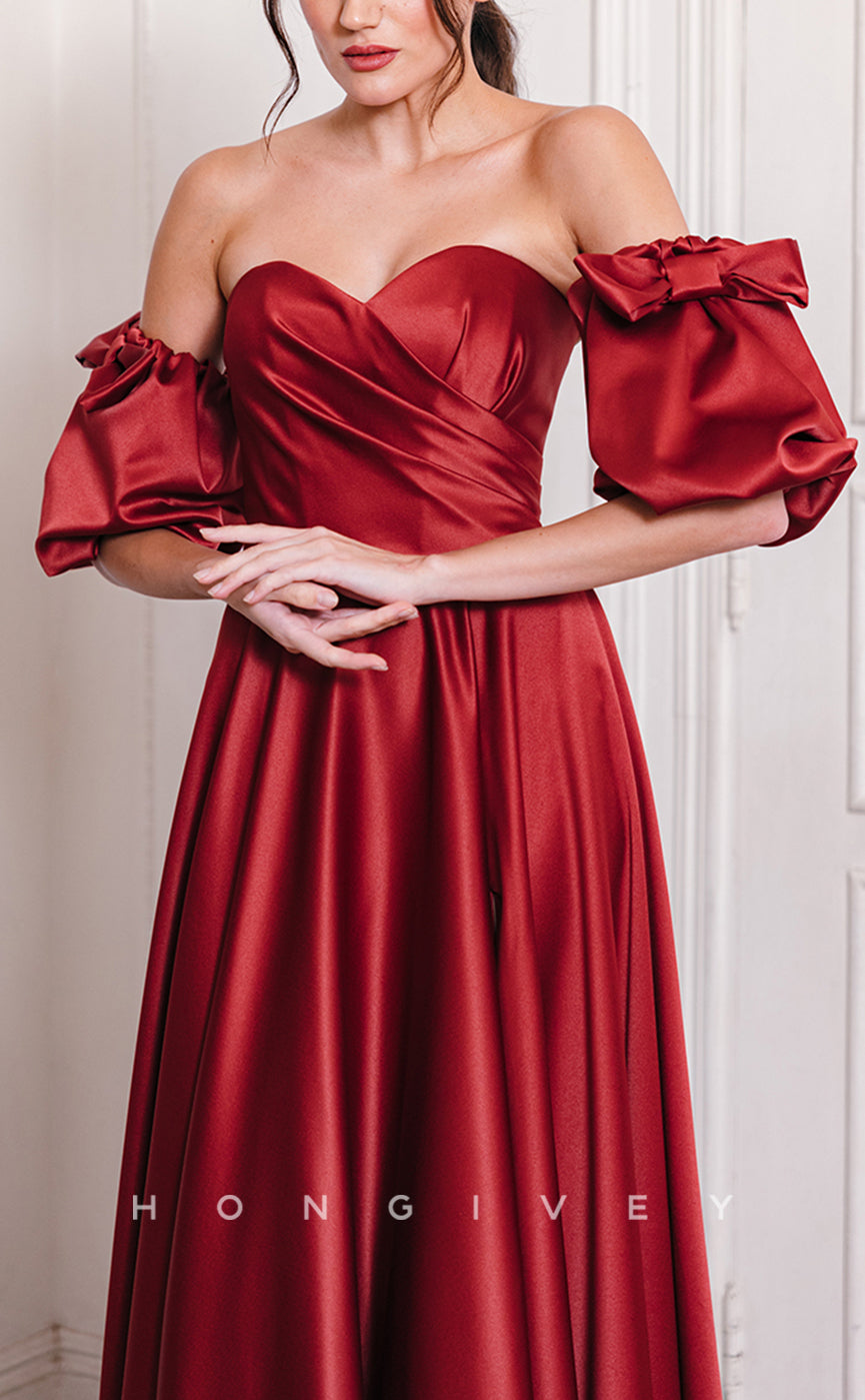 L1551 - Sexy Satin A-Line Sweetheart Strapless Puff Sleeves Gown Empire Ruched With Side Slit Party Prom Evening Dress