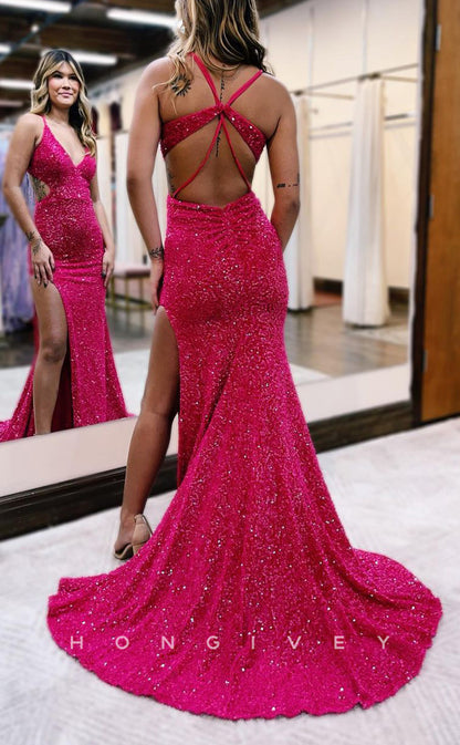 L1553 - Sexy Fitted Glitter V-Neck Spaghetti Straps With Side Slit Train Party Prom Evening Dress