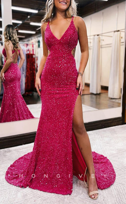 L1553 - Sexy Fitted Glitter V-Neck Spaghetti Straps With Side Slit Train Party Prom Evening Dress