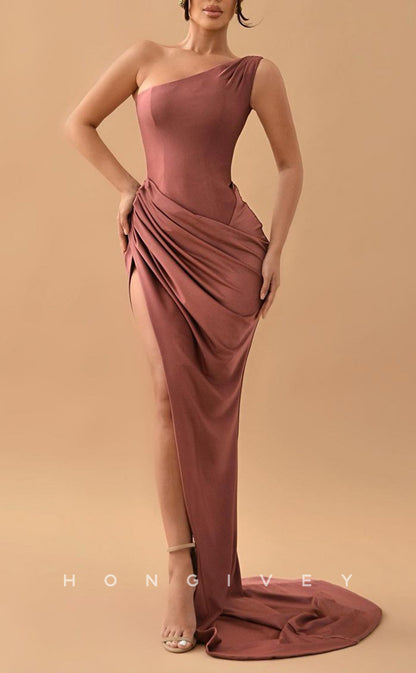 L1555 - Sexy Fitted Satin Off-Shoulder Draped With Side Slit Train Party Prom Evening Dress