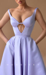 L1556 - Sexy A-Line Satin Bateau Empire With Side Slit Pockets Party Prom Evening Dress