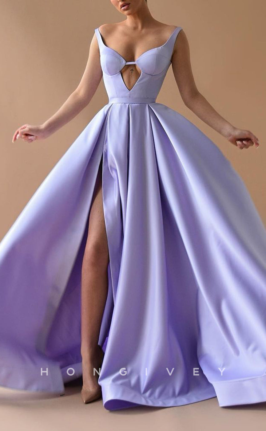 L1556 - Sexy A-Line Satin Bateau Empire With Side Slit Pockets Party Prom Evening Dress