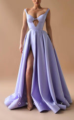 L1556 - Sexy A-Line Satin Bateau Empire With Side Slit Pockets Party Prom Evening Dress