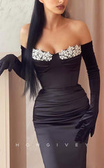 L1559 - Sexy Fitted Satin Off-Shoulder Long Sleeve Empire Ruched Beaded Party Prom Evening Dress