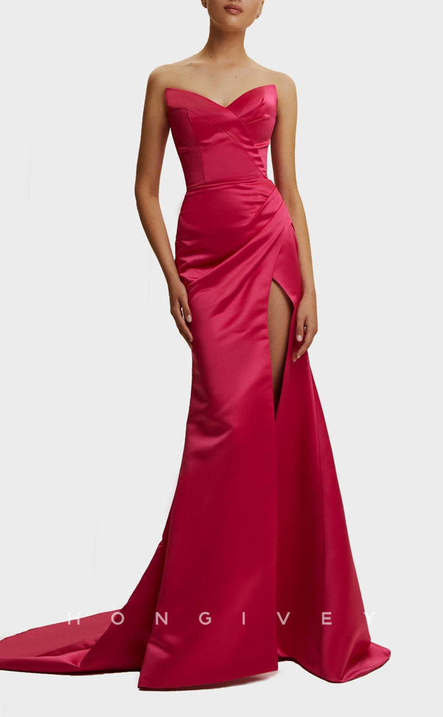 L1561 - Sexy Fitted Satin V-Neck Strapless Empire With Side Slit Train Party Prom Evening Dress