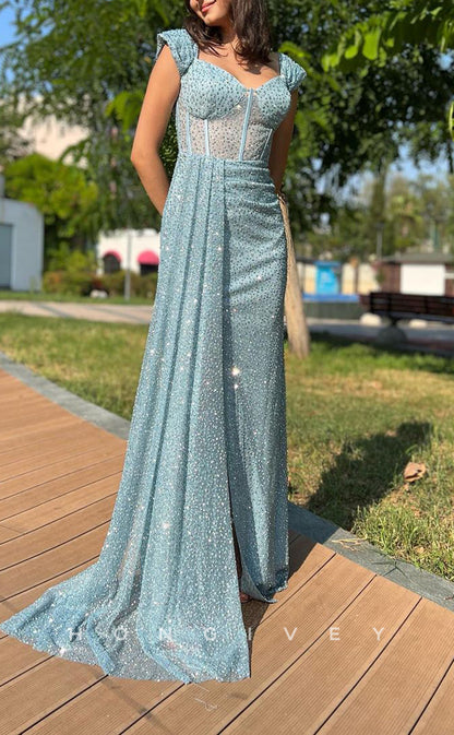 L1562 - Sexy Fitted Glitter Illusion Off-Shoulder With Side Slit Train Party Prom Evening Dress