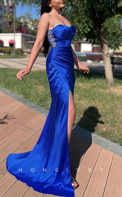 L1563 - Sexy Fitted Satin Sweetheart Spaghetti Straps Ruched With Side Slit Party Prom Evening Dress