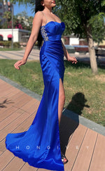 L1563 - Sexy Fitted Satin Sweetheart Spaghetti Straps Ruched With Side Slit Party Prom Evening Dress