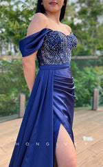 L1564 - Sexy Satin Off-Shoulder Empire Pleats With Train Party Prom Evening Dress