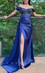 L1564 - Sexy Satin Off-Shoulder Empire Pleats With Train Party Prom Evening Dress