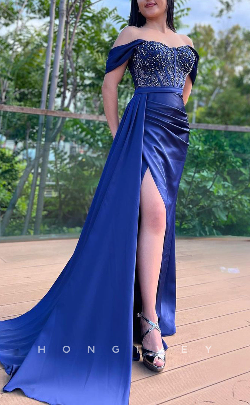 L1564 - Sexy Satin Off-Shoulder Empire Pleats With Train Party Prom Evening Dress