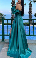 L1565 - Sexy Satin A-Line Off-Shoulder Puff Sleeves Gown Ruched Party Prom Evening Dress