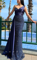 L1567 - Chic Fitted Glitter One Shoulder Empire With Train Party Prom Evening Dress