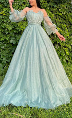 L1568 - Sexy A-Line Tulle Sweetheart Puff Sleeves Gown Empire Belt Party Prom Evening Dress