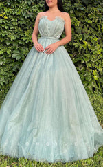 L1568 - Sexy A-Line Tulle Sweetheart Puff Sleeves Gown Empire Belt Party Prom Evening Dress