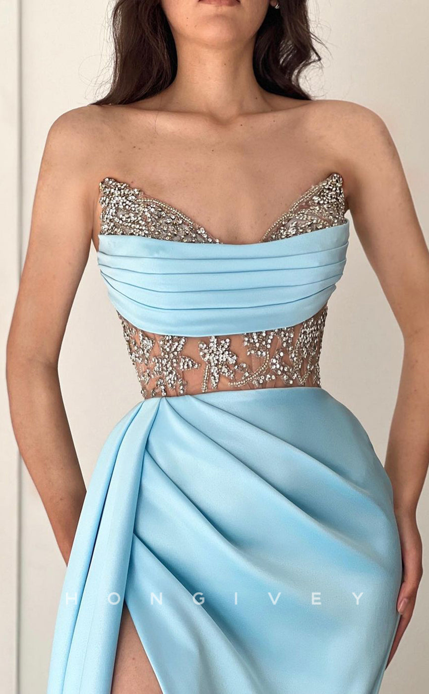 L1570 - Sexy Satin Illusion Sweetheart Sleeveless With Side Slit Train Party Prom Evening Dress