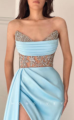 L1570 - Sexy Satin Illusion Sweetheart Sleeveless With Side Slit Train Party Prom Evening Dress