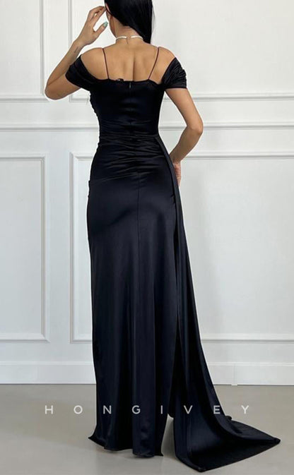 L1573 - Sexy Satin Off-Shoulder Ruched With Side Slit Train Party Prom Evening Dress