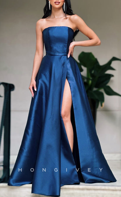 L1575 - Sexy A-Line Satin Strapless Sleeveless With Side Slit Party Prom Evening Dress