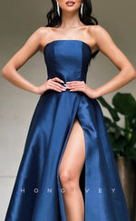 L1575 - Sexy A-Line Satin Strapless Sleeveless With Side Slit Party Prom Evening Dress