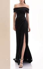 L1579 - Sexy Satin Off-Shoulder Empire With Side Slit Train Party Prom Evening Dress